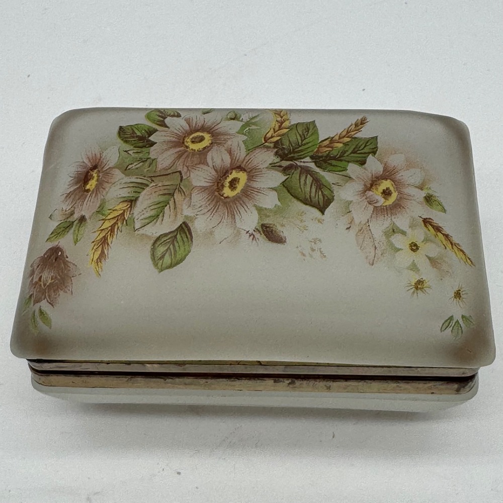 Vintage Frosted Satin Glass Hinged Floral Wheat Trinket Jewelry Box Vanity MCM